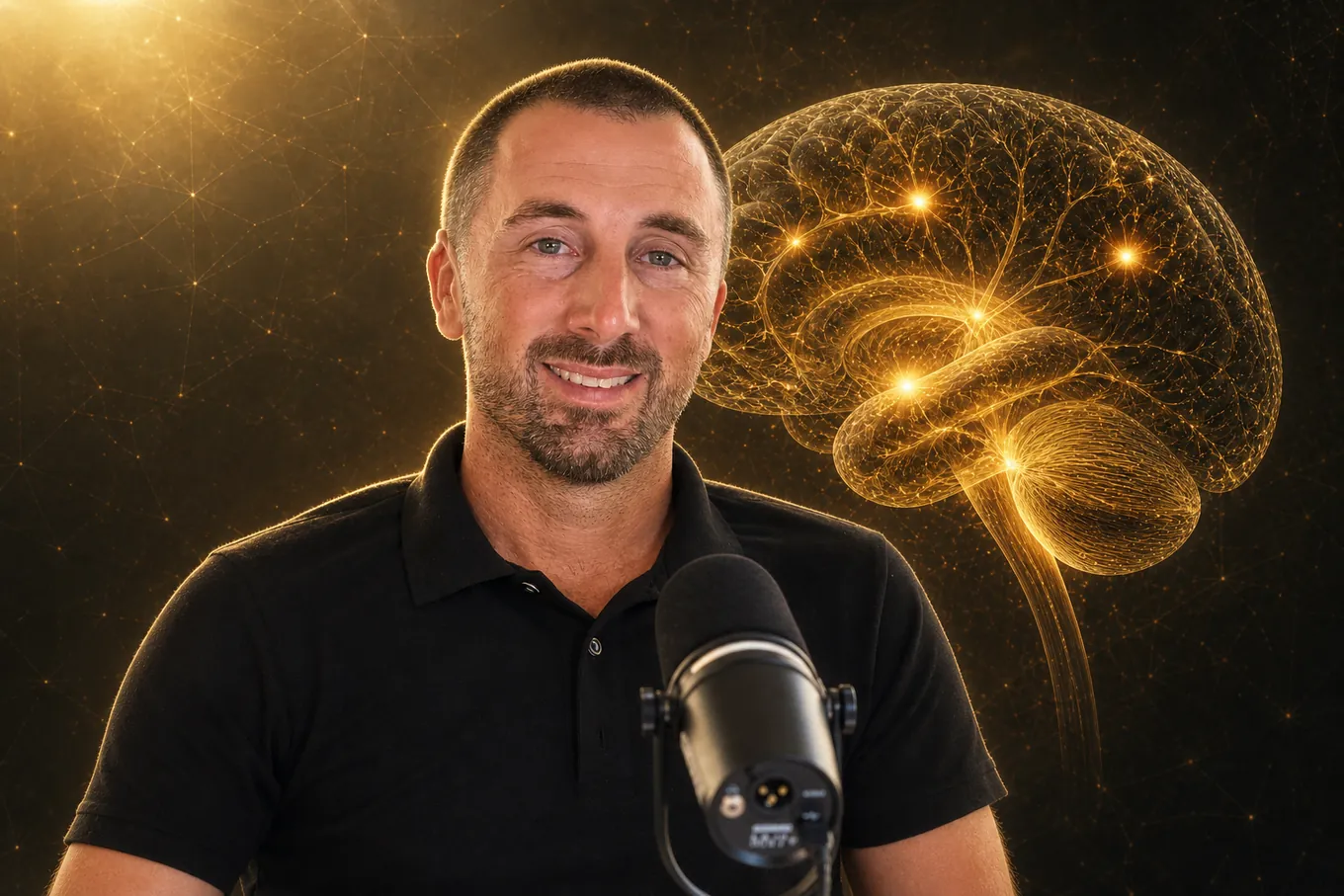 Jordi Serra junto a una representación artística de un cerebro y sus conexiones neuronales