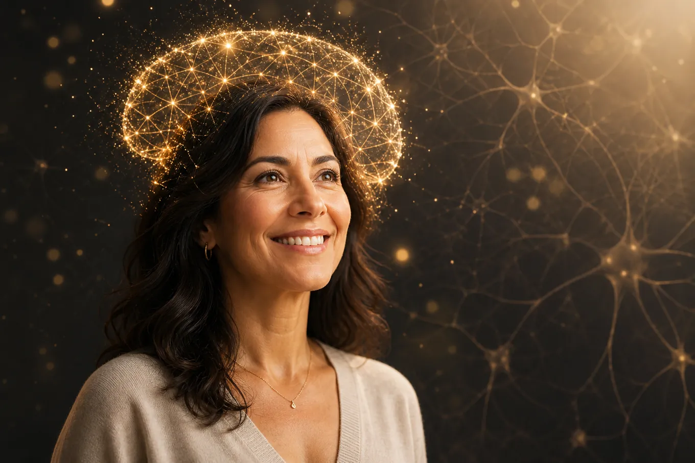 Mujer feliz rodeada por partículas de luz que forman un cerebro iluminado