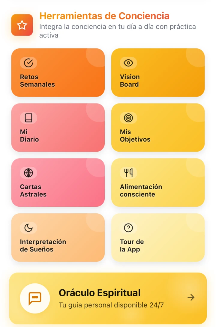Herramientas reales de la app: Vision Board, Mi Diario, Mis Objetivos, Cartas Astrales y Oráculo Espiritual.