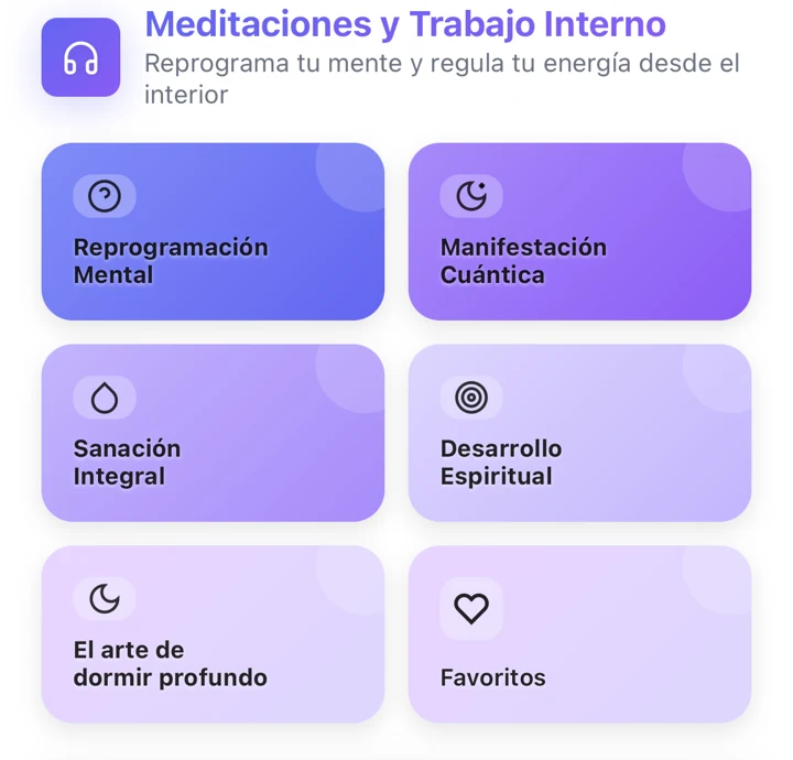 Categorías reales de la app: Reprogramación Mental, Sanación Integral y El arte de dormir profundo, entre otras.
